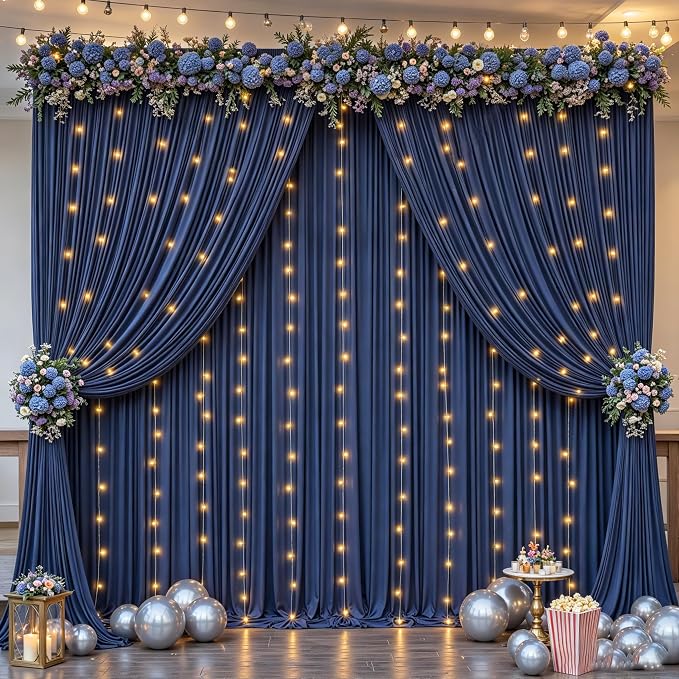 20x10FT Navy Blue Backdrop Curtains with Lights for Parties,Wrinkle Free Wedding Photo Backdrop Curtains for Baby Shower Birthday Ceremony Reception Home Party Decorations-5ft x 10ft,4 Panels