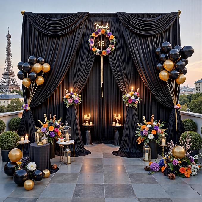 50ftx12ft Wrinkle Free Black Backdrop Curtains for Parties, 10 Panels 5x12FT Long Silky Polyester Photo Backdrop Drapes Back Drop Cloth for Wedding Birthday Photography Background Decor
