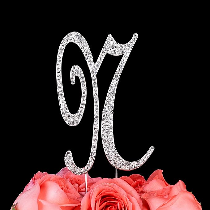 LOVENJOY Gift-Boxed 2.8" Rhinestone Letter N Cake Topper Wedding Birthday, Silver