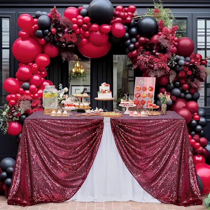 B-COOL Long Sequin Tablecloth Rectangle Linen: Glitter Fabric 6ft Table Cloth for Wedding Party Dining Banquet Christmas Holiday Indoor Outdoor Decoration 60x102 inch Burgundy