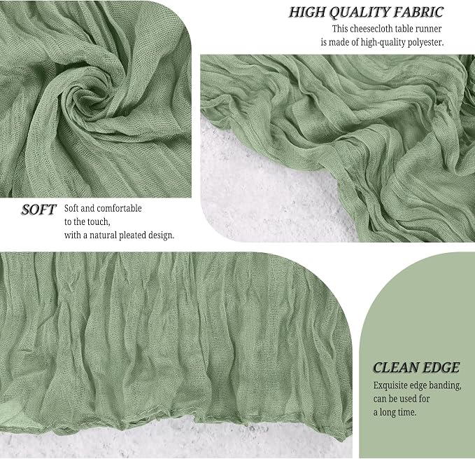 12 Pack Sage Green Cheesecloth Table Runner 120 inch Fall Thanksgiving Boho Rustic Gauze Farmhouse 10FT Cheese Cloth Runner for Baby Shower Wedding Party Holiday Home Decor