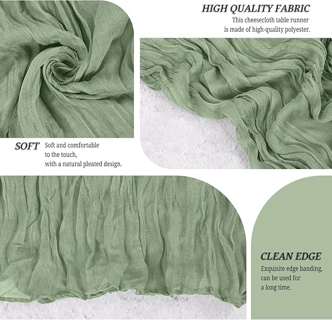 12 Pack Sage Green Cheesecloth Table Runner 120 inch Fall Thanksgiving Boho Rustic Gauze Farmhouse 10FT Cheese Cloth Runner for Baby Shower Wedding Party Holiday Home Decor