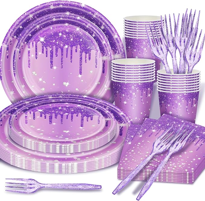 199 Pcs Purple Birthday Party Decorations For Women，Happy Birthday Party Decorations For Girls, 100 Pcs Paper Plates,Napkins and Forks for 20 Guests,Bday Sash and Crown,20 Tableware Sets