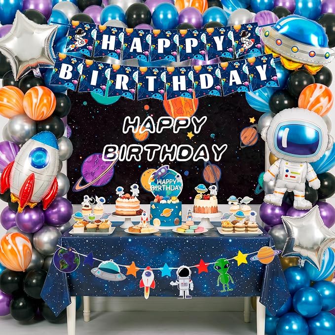 PTORZINY Outer Space Party Decorations, Astronaut Birthday Decorations, Space Decoration, Birthday Party Supplies Includes Space Balloons, Backdrop, Banner, Tablecloth, Cupcake Toppers