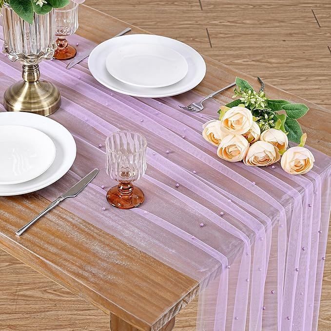 LuoluoHouse Pearl Tulle Table Runner Fabric: 10ft Wedding Veil Seasonal Dessert Light Purple Chiffon Pearl Lace Boho Overlay Wedding Aisle Runner Party Decorations Doilies