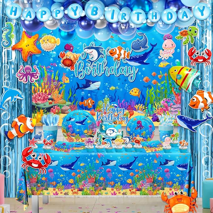 Under The Sea Party Decorations,282pcs Ocean Themed Party Decorations With Under The Sea Plates and Napkins Cups Tablecloth Ocean Backdrop Balloon Arch Cake Toppers For Sea Party Decorations