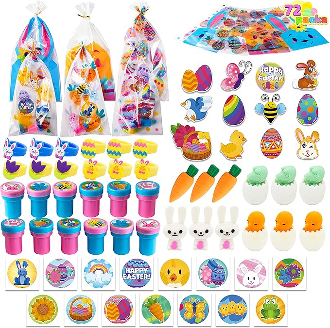 JOYIN 72 Pcs Easter Party Favors Set, 12 Packs Assorted Goody Bags with Rings/Sticker, Foam Stickers, Stampers for Kids Gift, Easter Egg Hunt, Basket Stuffers