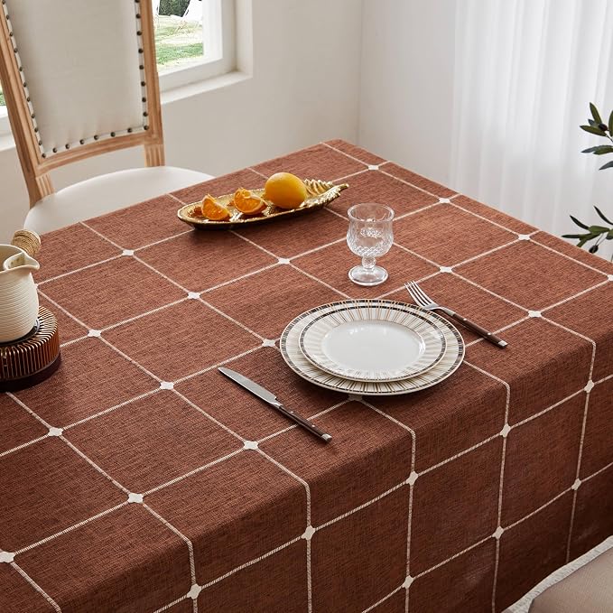 ZeeMart Grid Embroidered Hemmed Tablecloths, Terracota 60x104 Inch, Farmhouse Style Heavy Weight Cotton Linen Rust Tablecloths, Boho Plaid Water Resistant Rectangle Table Cloth