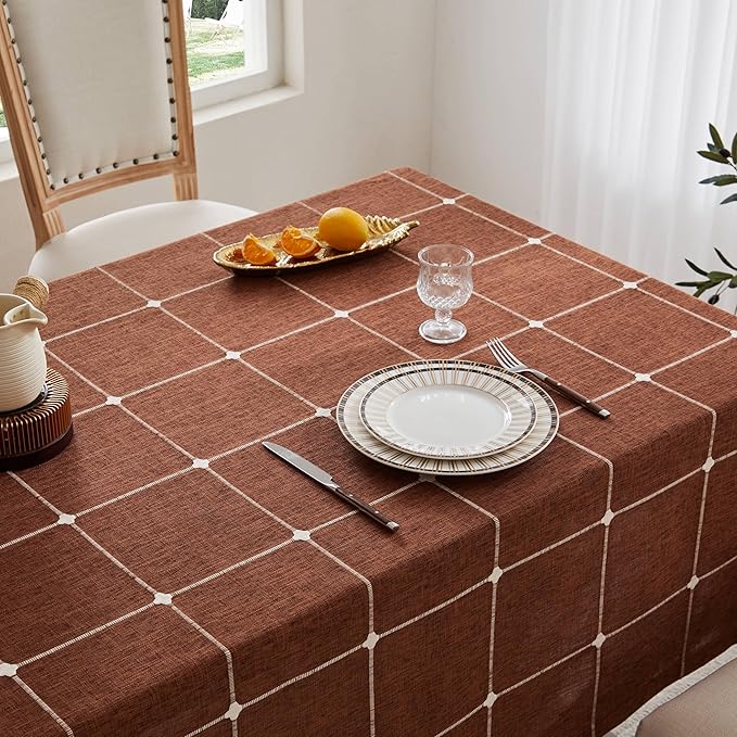 ZeeMart Grid Embroidered Hemmed Tablecloths, Terracota 60x84 Inch, Farmhouse Style Heavy Weight Cotton Linen Rust Tablecloths, Boho Plaid Water Resistant Rectangle Table Cloth