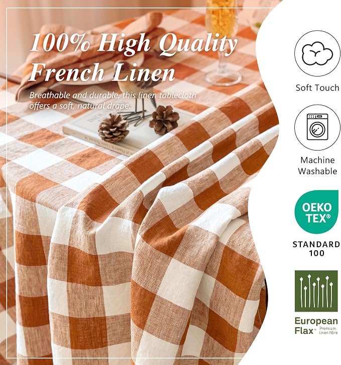 Linen World Gingham Tablecloth, Round, 90", Rust Checkered | Buffalo Plaid, 100% French Flax, For Dining Table, Weddings, Thanksgiving & Christmas