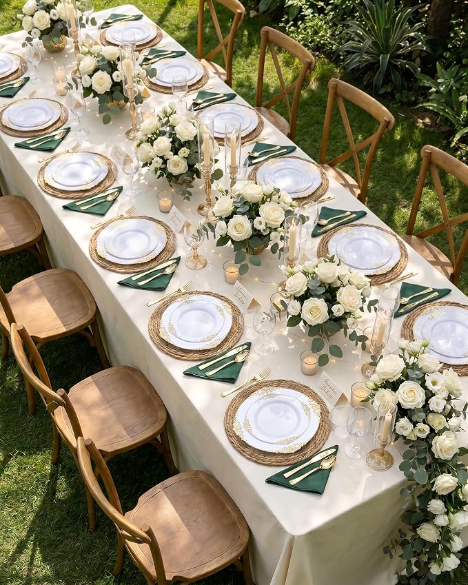 Nervure 600PCS Gold Plastic Dinnerware Set- White and Gold Disposable Plates for 100 Guests - 200 Disposable Plates, 300 Plastic Silverware, 100 Cups Perfect for Wedding & Party