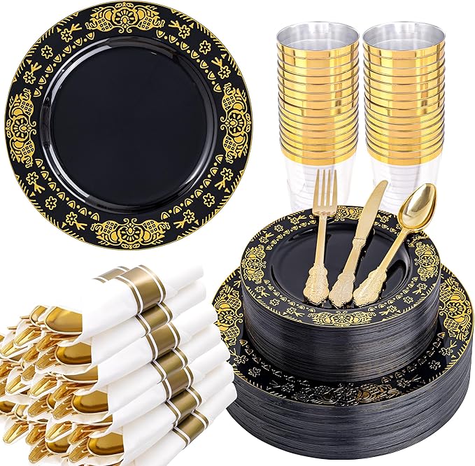 GATHER 350PCS Black and Gold Plastic Plates - Gold Disposable Dinnerware Set Include 50 Dinner Plates, 50 Dessert Plates, 150 Gold Plastic Silverware, 50 Napkins, 50 Cups for Wedding & Party