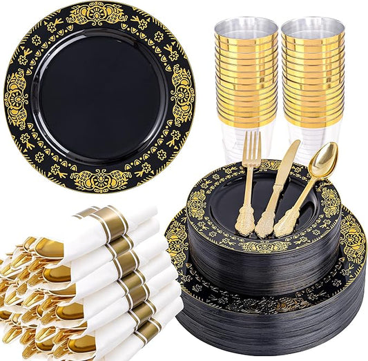 GATHER 350PCS Black and Gold Plastic Plates - Gold Disposable Dinnerware Set Include 50 Dinner Plates, 50 Dessert Plates, 150 Gold Plastic Silverware, 50 Napkins, 50 Cups for Wedding & Party