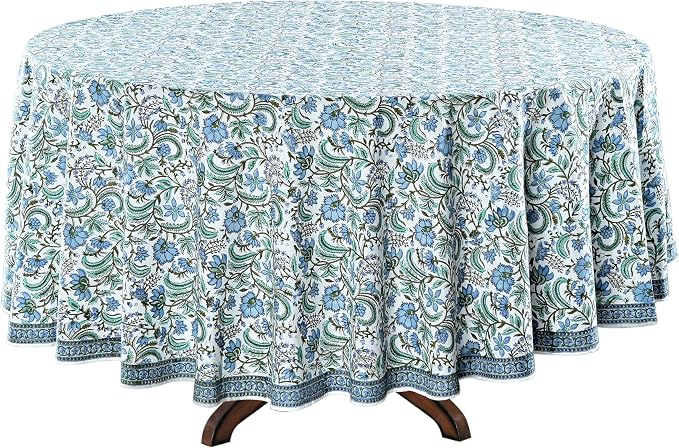 Ridhi Round Tablecloth Hand Block Print 100% Cotton Reusable Columbia Blue 110 Inch Table Cover Decorative Everyday Use for Dining, Home, Party, Wedding, Farmhouse, Party Gift for Spring, Mother's Day