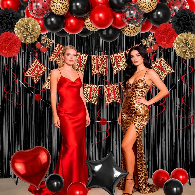 Red and Black Cheetah Birthday Party Decorations, Black Red Cherry Leopard Print Balloons Happy Birthday Banner Fringe Curtain Hanging Swirls Circle Dots Tassels Pompoms for Women Girls Party Supplies