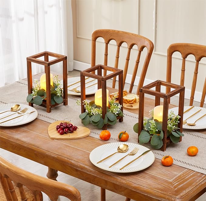 48 Pcs/16 Set Wedding Lantern Centerpiece for Table-Wooden Candle Lantern Bulk Includes 16 Farmhouse Wooden Candle Holder 16 Flameless LED Candles 16 Eucalyptus Leaves Wreath for Decoration