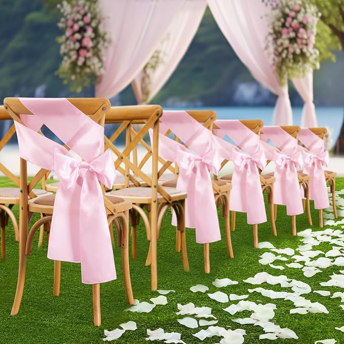 10 Pcs Pink Satin Chair Sashes Bows Universal Chair Cover for Wedding Reception Events Banquets Party, Hotel Event Decorations, 6 x 108 inch