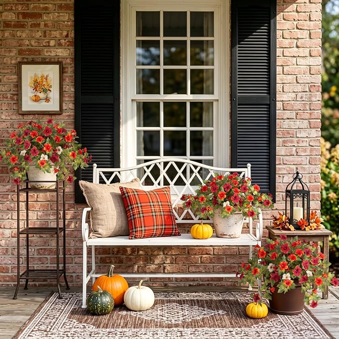 Ammyoo Artificial Fall Flowers Fake Petunias Plants for Outdoor Decoration | 4 Pcs UV Resistant Faux Silk Flowers No Fade Floral for Autumn Garden Balcony Yard Porch Realistic Indoor Decor No watering