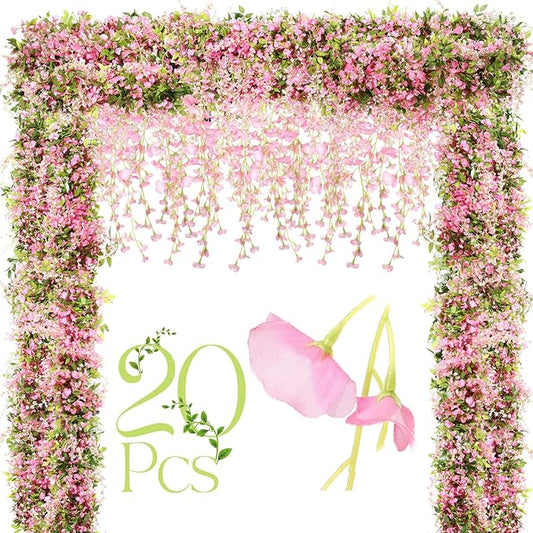 Crowye 20 Pcs 7.2ft/pcs Artificial Flowers Wisteria Garland Artificial Wisteria Vine Hanging Flower Decorations Flower Vines for Outdoor Wedding Wall Arch Party Backdrop Floral Decor (Pink)