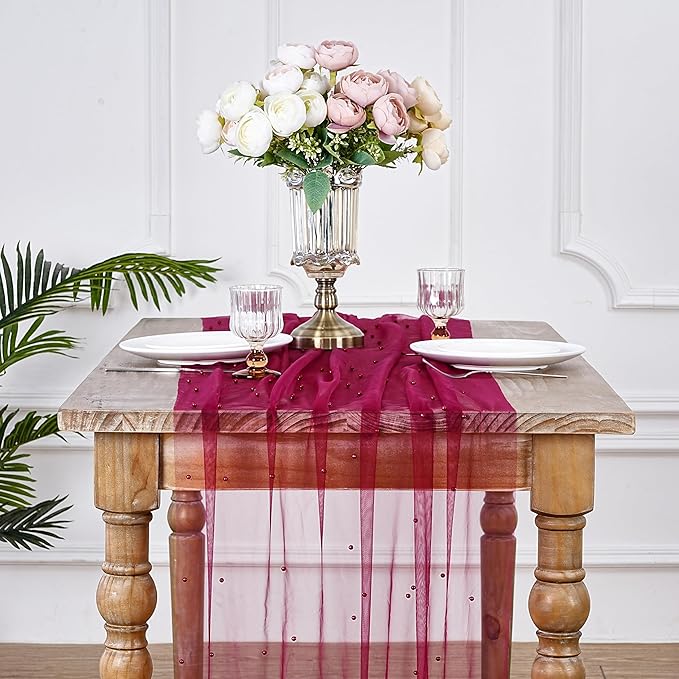 LuoluoHouse Pearl Tulle Table Runner Fabric - Burgundy 10ft Wedding Veil Seasonal Dessert Chiffon Pearl Lace Boho Overlay Wedding Aisle Runner Party Decorations Doilies