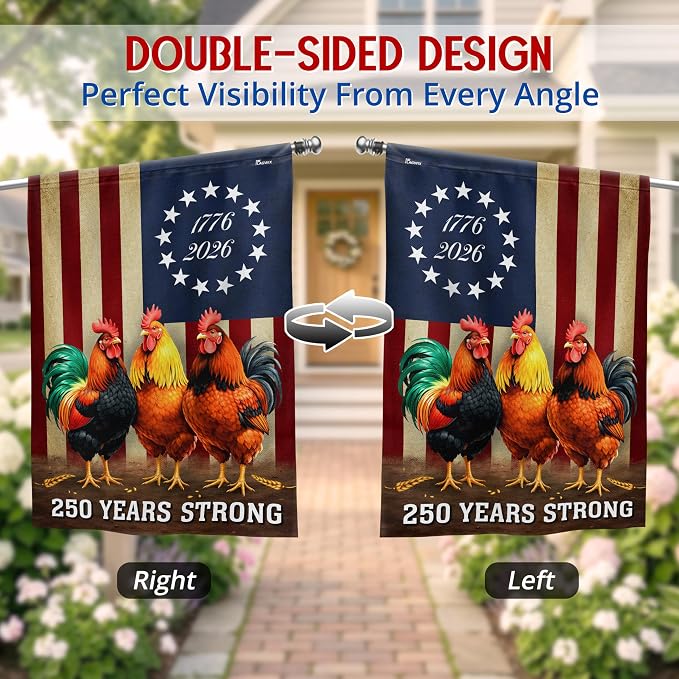 FLAGWIX American 250 Years Anniversary Rooster Flag - Polyester Double-sided Yard Flags For Outside House Flag (29.5" x 39.5") - 4th of July Decorations for Farm Home Yard Garden Decor Banner