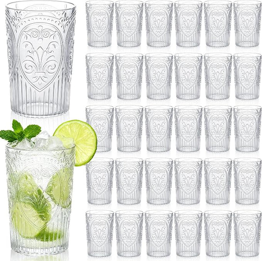 Plastic Vintage Drinking Glasses - 16 oz Stemless Ribbed Highball Glasses Bulk Embossed Reusable Cups for Water Beer Cocktails Juice Wedding Bridal Shower Birthday Event Party(Clear,48 Pcs)