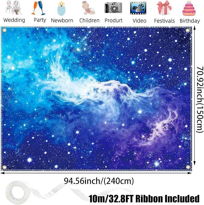 Galaxy Backdrop 8x6ft Starry Sky Universe Space Nebula Photo Background – Cosmic Galaxy Wall Hanging for Bedroom Decor & Party Decorations with Ribbon, Polyester Fabric