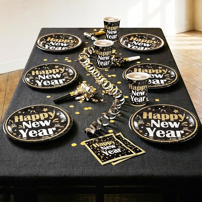 KatchOn, New Years Plates and Napkins Set - Serves 25 Guests | Black and Gold Plates, Cups, and Napkins | New Years Eve Party Supplies 2026 | Happy New Year Eve Plate, NY Party Decorations Favors