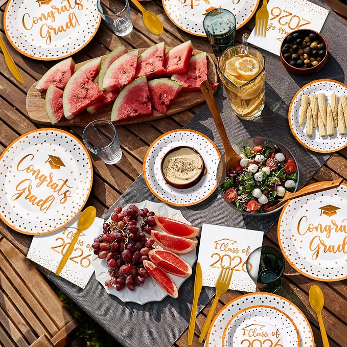 350pcs Class of 2026 Graduation Plates and Napkins Set, Disposable Paper Plate Set Polka Dots Napkins Cups Knife Fork Spoon for Graduation Party Decorations and Supplies,Serve 50 (White Orange)