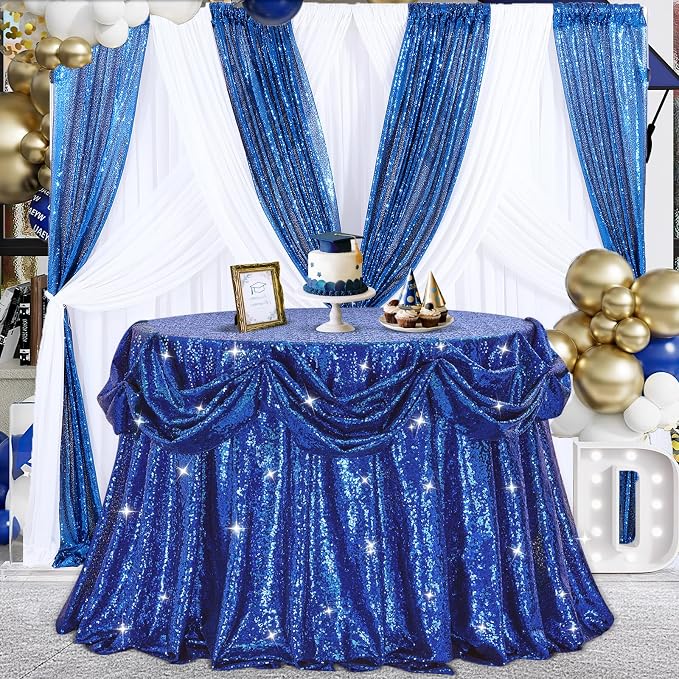 B-COOL Round Sequin Tablecloth Sparkle Party Decorations: 90 Inch Table Cloth Royal Blue Sequin Fabric Overlay for Indoor Outdoor Dining Parties Home