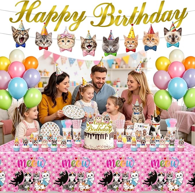 Cat Birthday Decorations with 9" & 7" Plates, Napkins, Tablecloth, Cake Topper, Pre-assembled Banner & Honeycomb Centerpieces & Balloon for Cat Themed Birthday Party Decorations