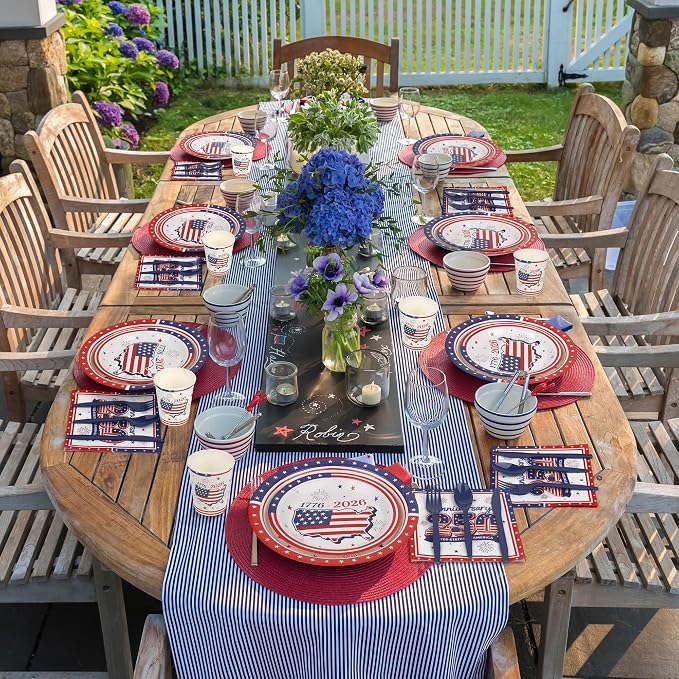 Kochorie 400 Pieces USA 250th Anniversary Party Supplies, Disposable Patriotic Tableware Sets with America 250th Anniversary Paper Plates Cups Napkins Cutlery Serves 50 for 4th of July Party Supplies