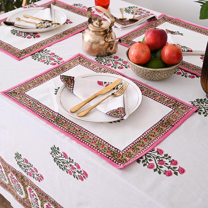 Hand Block Printed Tablecloth, Colorful Floral Print, Indian Artisan Handmade Art, Dining Room, Kitchen, Outdoor Décor, (Soft Petal Glow, 8 Seater 72 x 108 Inches Rectangle)