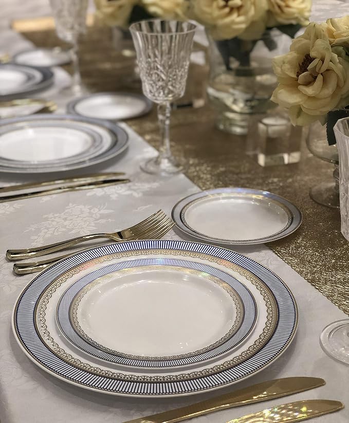 OCCASIONS 50pc Heavy Duty Disposable Plastic Plates Set for 25 Guests – 25 Dinner (10.5") & 25 Dessert (7.5") Plates – Elegant, Recyclable, BPA Free – Louvre Blue & Gold