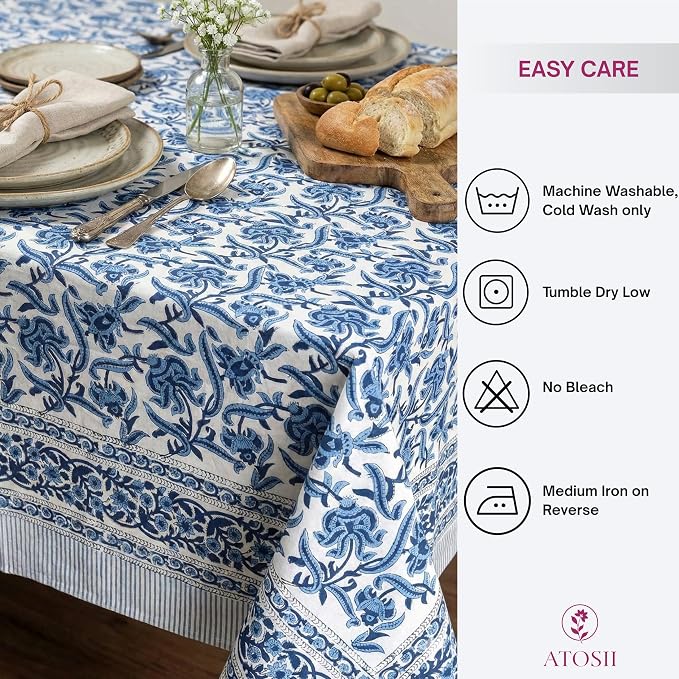 ATOSII Midnight Bloom 100% Cotton Spring Summer Tablecloth, Hand Block Print Rectangle Table Cover for Kitchen Dining Linen I Parties, Outdoors, Wedding, Easter I 72 X 108 Inches I 8 Seater