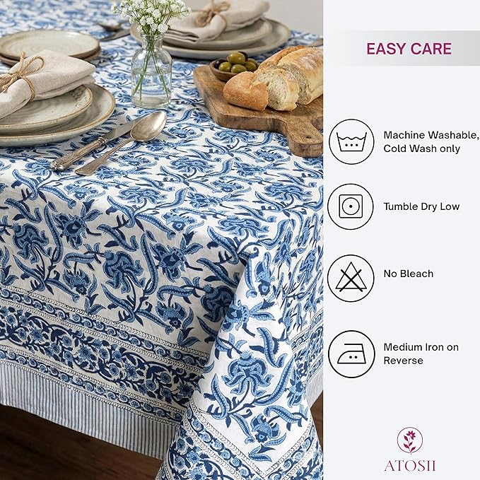 ATOSII Midnight Bloom 100% Cotton Fall Tablecloth, Handblock Print Blue Square Table Cloth for Kitchen Dining Table Linen I Parties Wedding Christmas Thanksgiving Outdoor Fall Decor 60 X 60 Inches