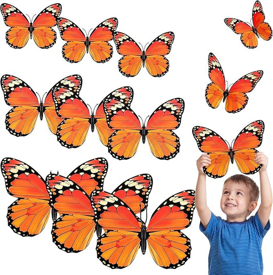 Chuangdi 12 Pcs Orange Large Monarch Butterfly Decorations 3 Size 12inch,9inch,6inch Fake Butterflies Realistic Butterfly Craft Artificial Mariposas Wall Decor for Craft Wedding Home Birthday Party