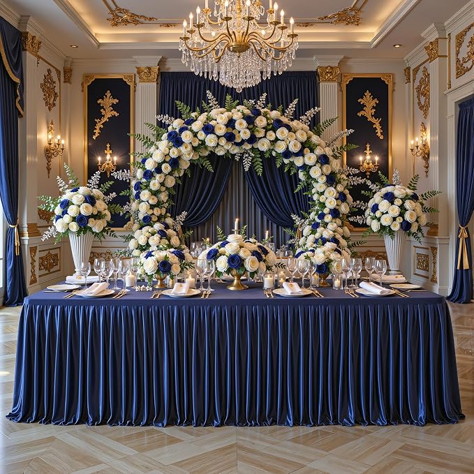 Wish Care 4 Pack Satin Table Cover Skirts for 6ft Rectangular Tables, Navy Blue Shimmer Silk Tablecloth with Floor Length Ruffle for Wedding Banquet Party Buffet Decoration