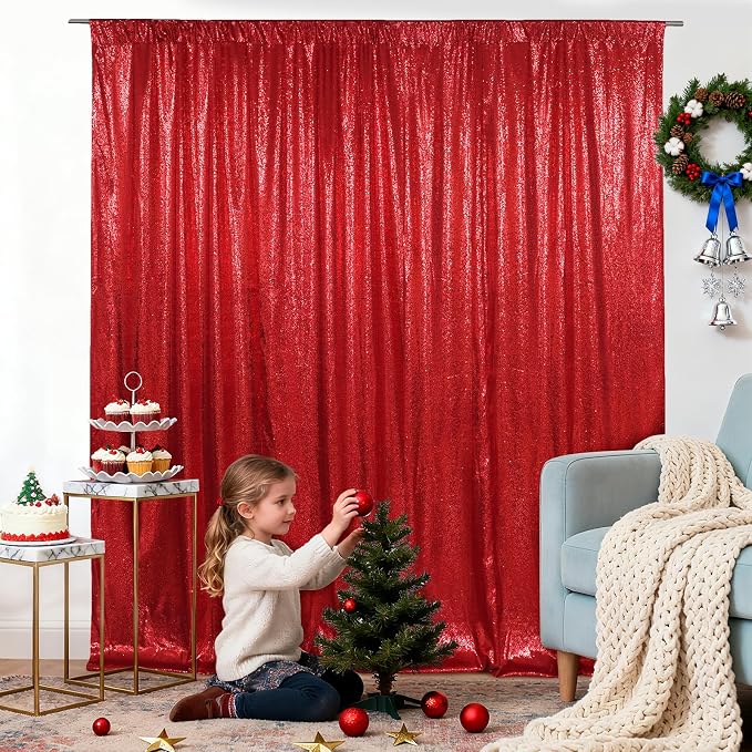 SquarePie 10x10ft Red Sequin Backdrop for Photography, Satin-Backed Real Sequin Curtain, Enhanced Coverage Shimmering Background with 4" Rod Pocket for Wedding, Birthday, Party Decor, 1 Panel