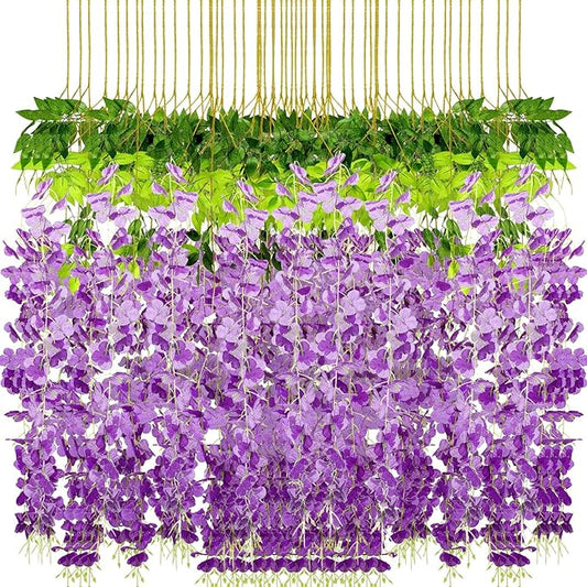 Yunsailing 108 Pack 43.2 in/ 3.6 ft Artificial Fake Wisteria Hanging Flowers Wisteria Faux Flowers Garland Silk Vine Rattan Long Hanging Flowers String for Home Outdoor Wedding Party(Dark Purple)