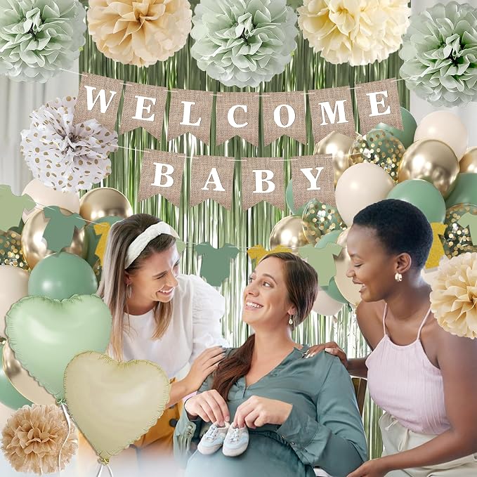 Sage Green Baby Shower Decorations, Green Balloonswith WELCOME BABY Banner, Fringe Curtains Foil Balloons, Cake Topper,Pom Poms Flowers, Neutral Gender Reveal Birthday Party Supplies