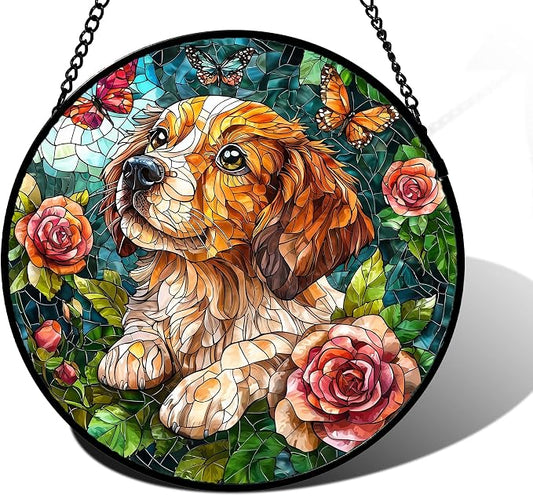 DASTOLL Stained Glass Window Hanging, Dog and Rose Suncatcher for Doors Home Butterfly Sun Catchers Decoration and Christmas, Mother's Day Birthday Gifts for Women, Men, and Mom 9.8 in