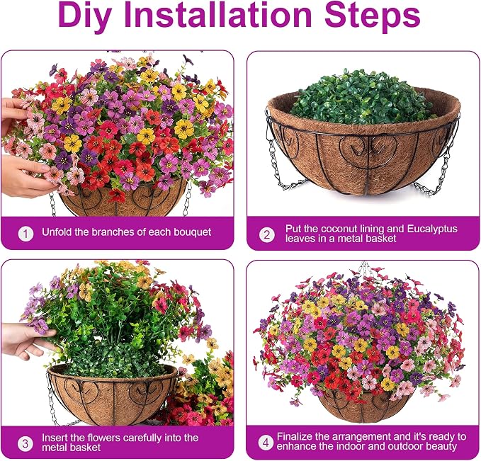 HyeFlora 2 Set Artificial Outdoor Flowers Hanging Basket, Faux Hanging Plants for Outside Spring Decoration, Fake Silk UV Resistant Look Real Daisy for Porch Patio Home Decor
