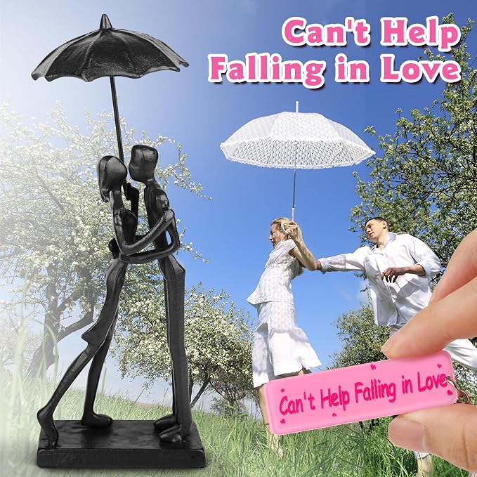 Kresecioo Anniversary for Couple/Her, Affectionate Couple Statue Kissing Under Umbrella, Handcrafted Cast Iron Sculpture in Love, for Wedding Gifts 6th Anniversary Birthday Gifts