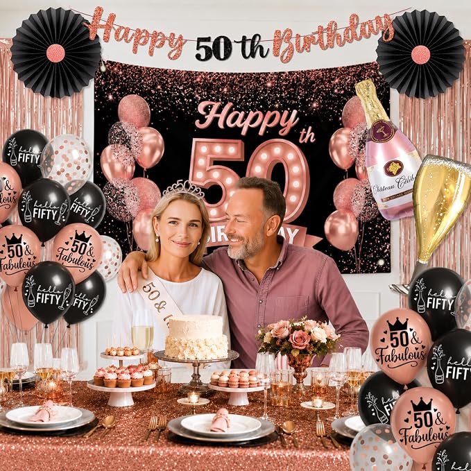 Premium 50th Birthday Decorations for Women - Rose Gold & Black 40 Pc Kit | 2026 Family Choice Award winner; Oxford-cloth backdrop (not paper), 30+ balloons, banner, tiara, sash & printable signs