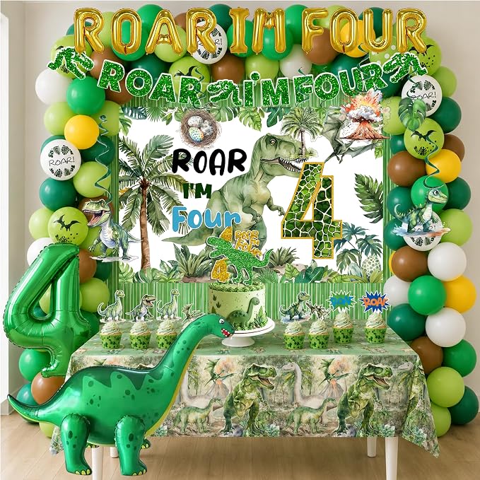 Roar Im Four Dinosaur 4th Birthday Party Decorations, Dinosaur 4th Birthday Party Supplies for Boys Girls, 4 Year Old Dino Theme Party Set with Backdrop, Fringe Curtains, Tablecloth, hanging swirls.
