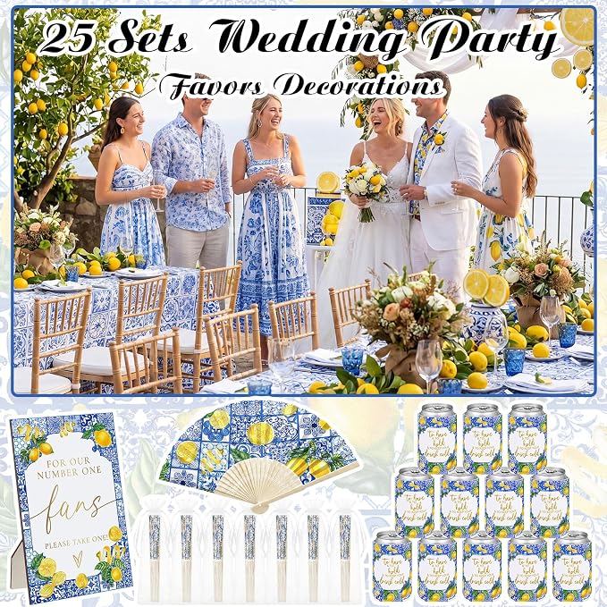 Hoteam 25 Sets Lemon Wedding Party Favors for Guests Bulk Including Yellow Can Cooler and Paper Folding Fans with Wedding Decor Table Sign Cheers to Love for Bridal Shower Party Souvenir