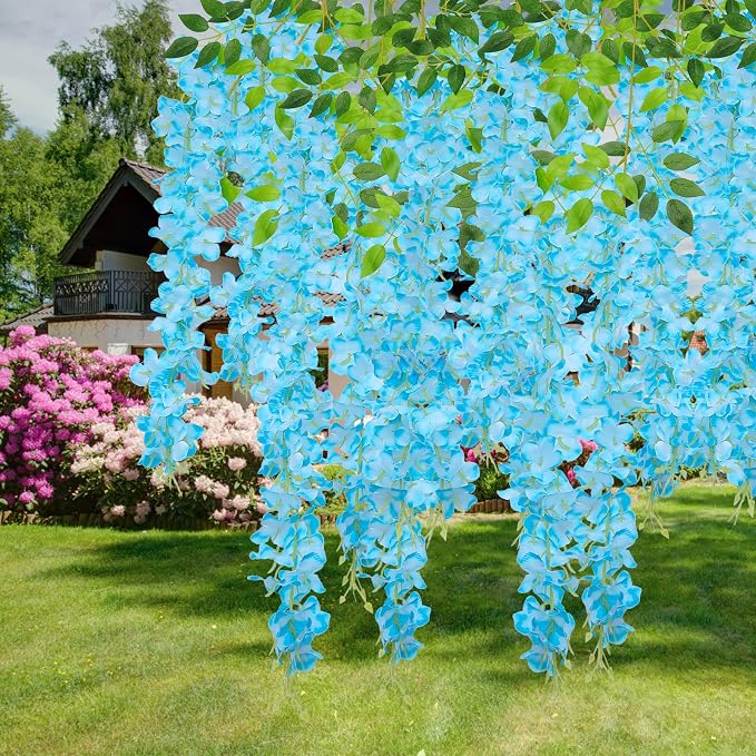 U'Artlines 24 Pack(Total 86.4 Feet) Artificial Fake Wisteria Vine Rattan Hanging Garland Silk Flowers String Home Party Wedding Decor (24, Blue)