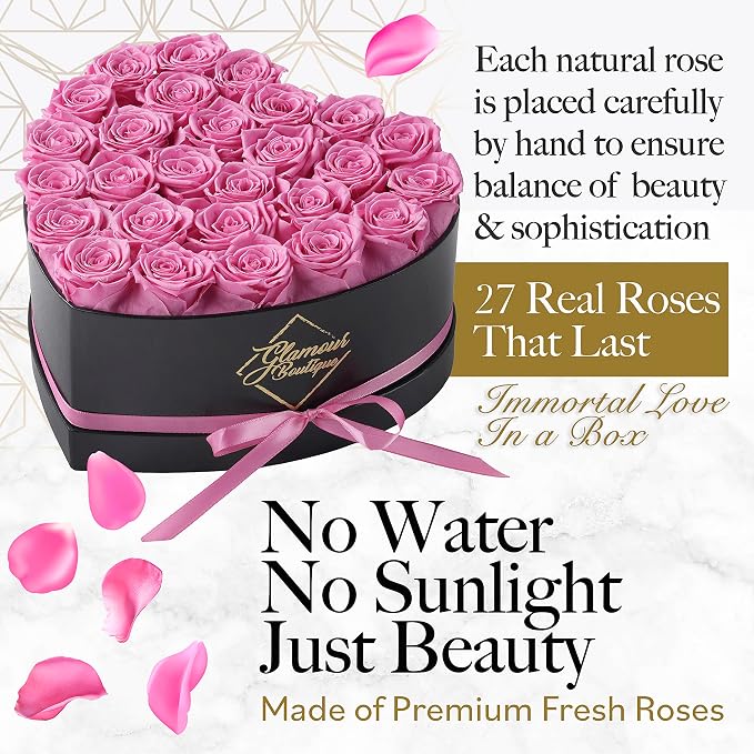 GLAMOUR BOUTIQUE 27 Flower Forever Heart Shape Box, Mothers Day Gift For Mom, Eternal Preserved Roses Gift for Her, Flowers bouquet, For Birthday, Anniversary, Girlfriend - Pink