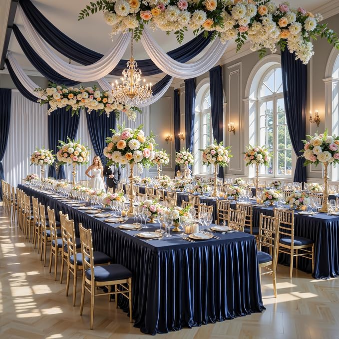 Wish Care 4 Pack Satin Table Cover Skirts for 6ft Rectangular Tables, Navy Blue Shimmer Silk Tablecloth with Floor Length Ruffle for Wedding Banquet Party Buffet Decoration